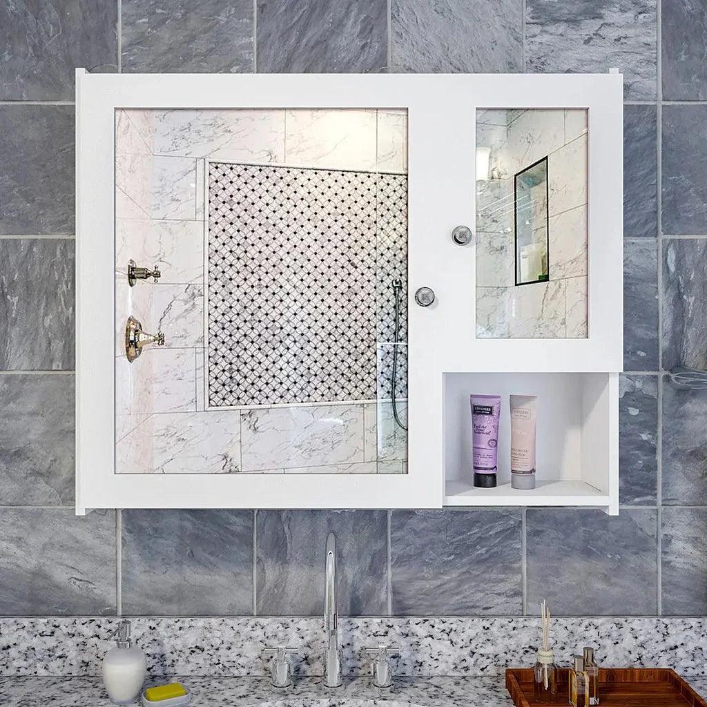 Sturdy Premium Wooden Bathroom Storage Cabinet with Mirrors & 5 Spacious Shelves with White Finish - Decor Mantra 