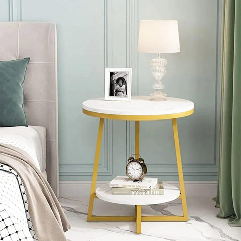 2 Tier Faux White Marble Side Table with with Golden Finish Storage Shelf - Decor Mantra 