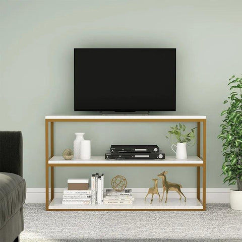 3-Tier White Marble Console Table with Golden Finish - Decor Mantra 