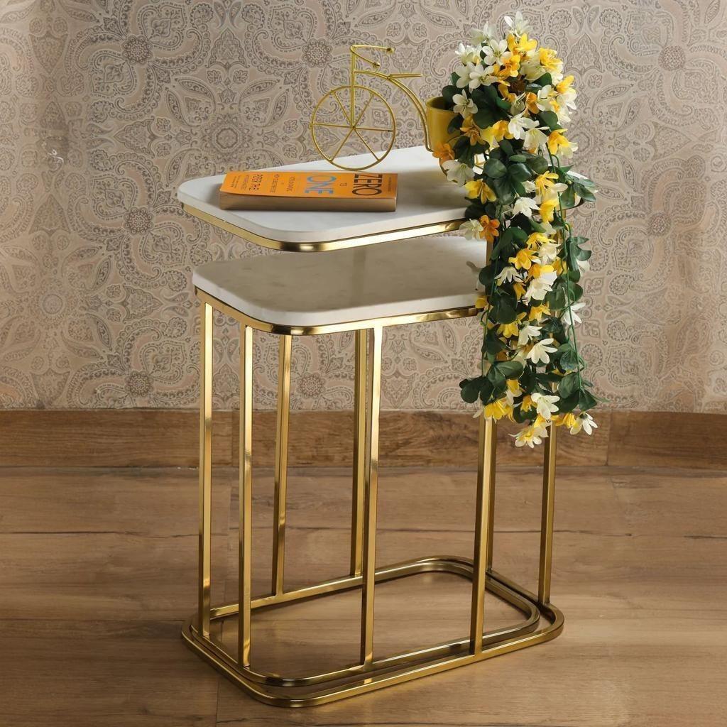 Tehran Rectangle Iron Stand Side Marble Table Set of 2 - Decor Mantra 
