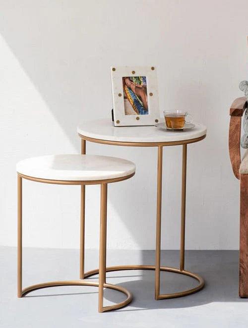 Black & White Marble Top Iron Stand Coffee Table Set of 2 - Decor Mantra 