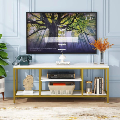 5-Tier Rectangle White Marble Gold Entryway Console Table - Decor Mantra 