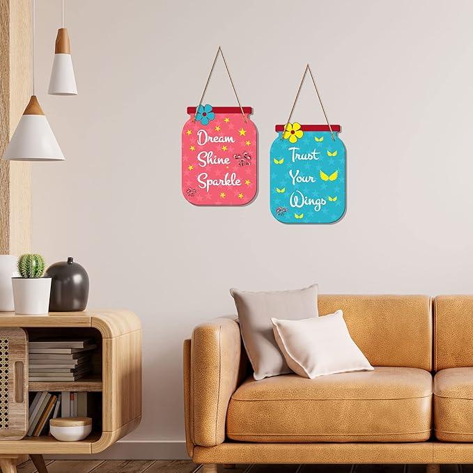 Dream Shine Sparkle Quote Decorative Art MDF Wooden Hanger for Living Room | Bedroom | Office | Gift | Wall Hanging For Home Decoration | Home Decor Items (WH_6804N), Set of 2 - Decor Mantra 
