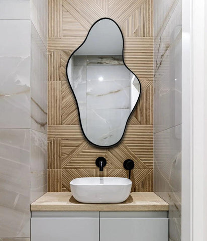 Asymmetrical Irregular Bathroom Decor Mirror with White Wooden Finish - Decor Mantra 