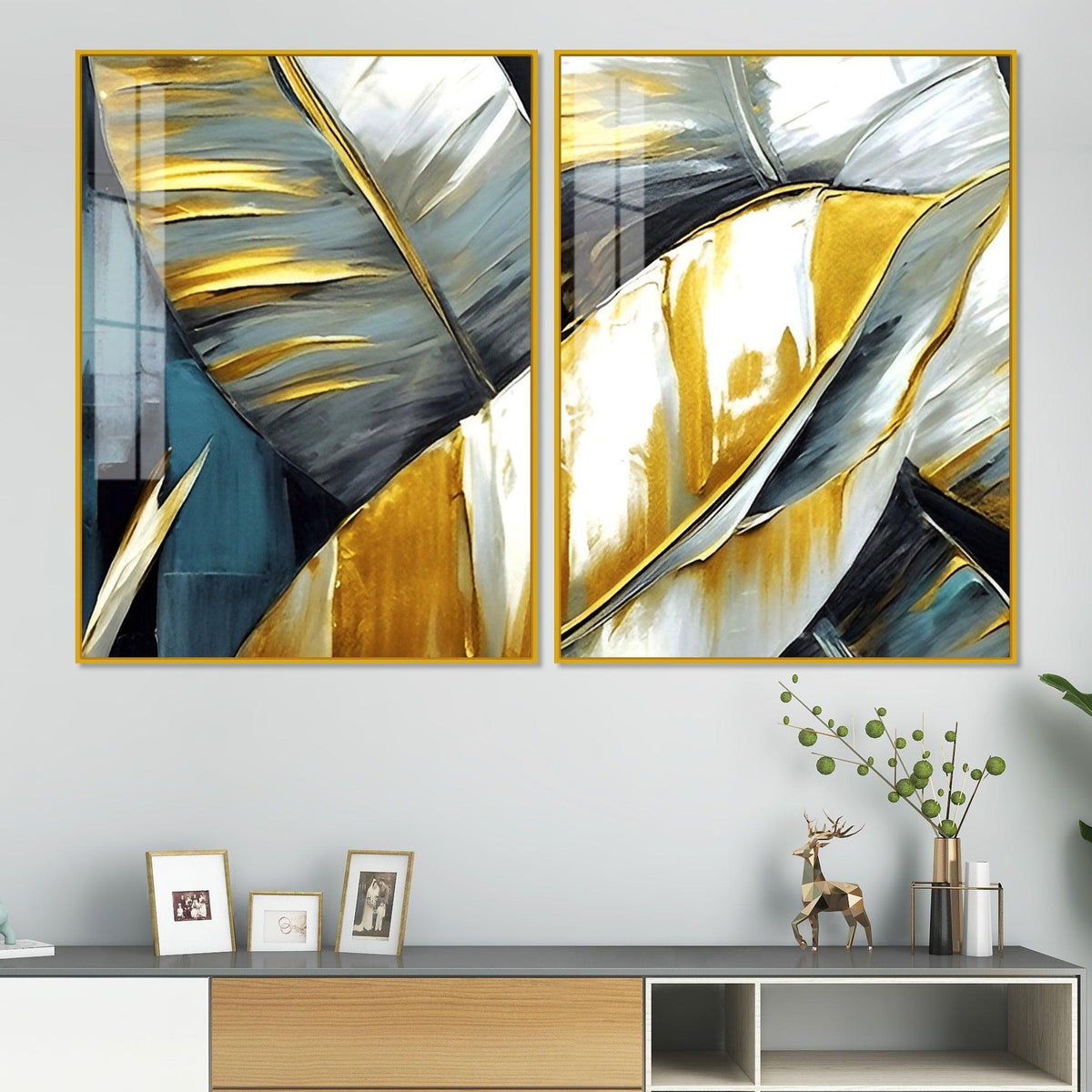 Golden Abstract Art Acrylic Floating Wall Painting Set of 2 - Decor Mantra 