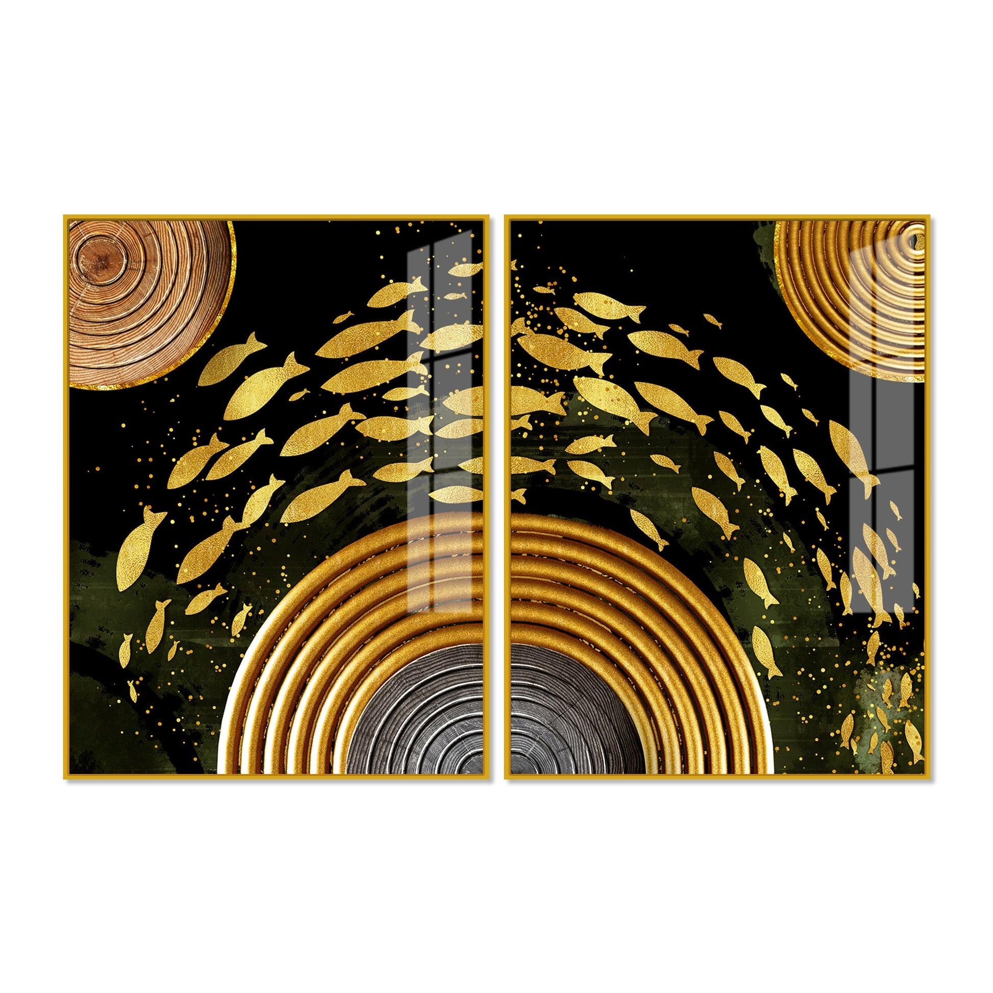 Golden Fishes Acrylic Floating Wall Painting Set of 2 - Decor Mantra 