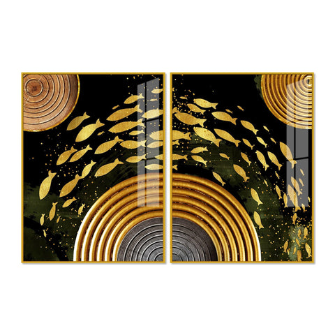 Golden Fishes Acrylic Floating Wall Painting Set of 2 - Decor Mantra 