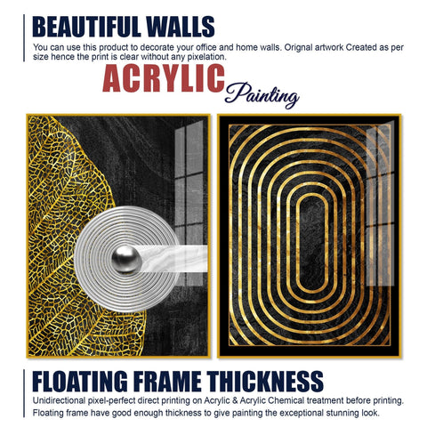 Modern Nordic Black and Golden Acrylic Floating Wall Painting Set Of 2 - Decor Mantra 