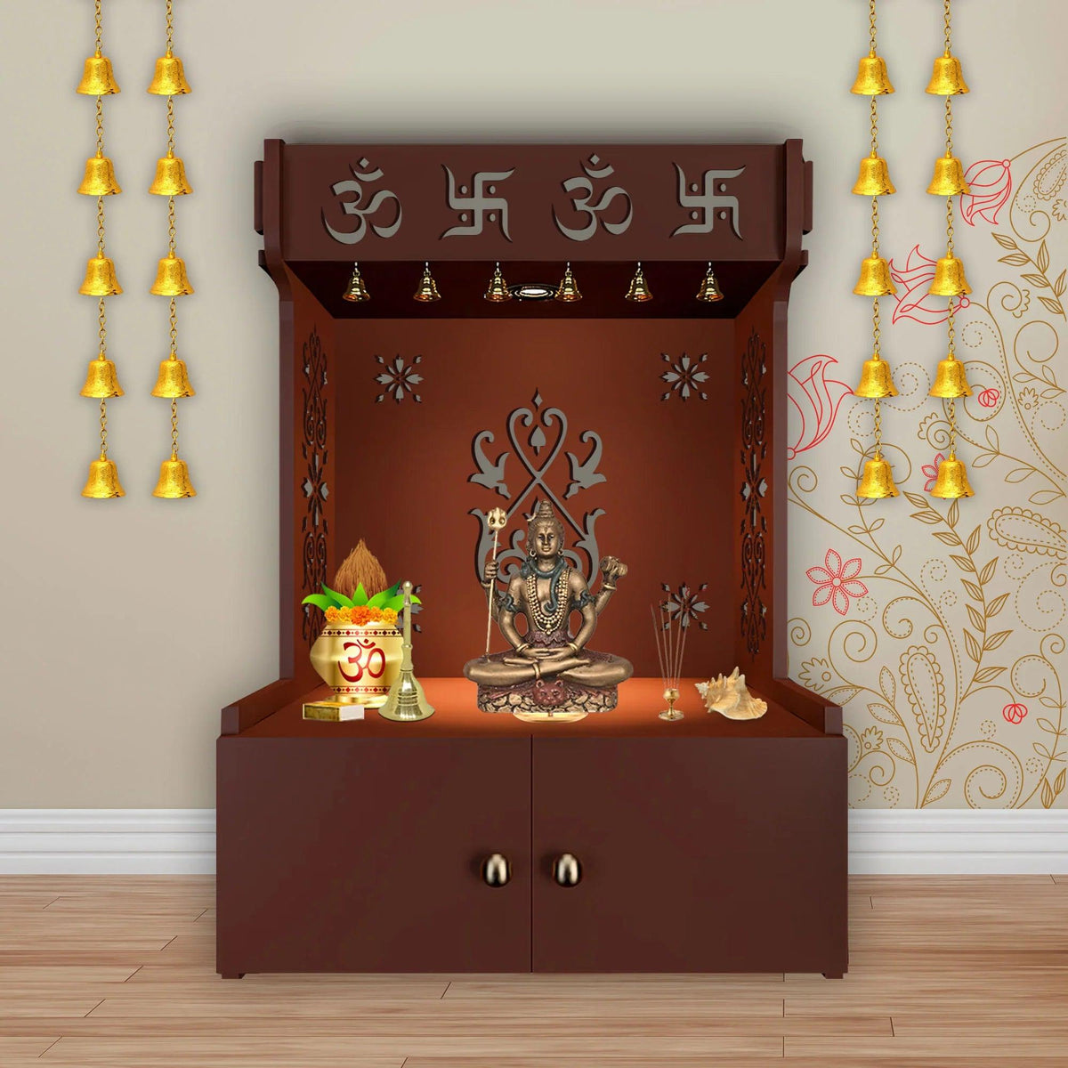 OM Swastika Symbol of Hindu Religious Floor Temple with Spacious Wooden Shelf & Inbuilt Focus Light- Brown Finish - Decor Mantra 
