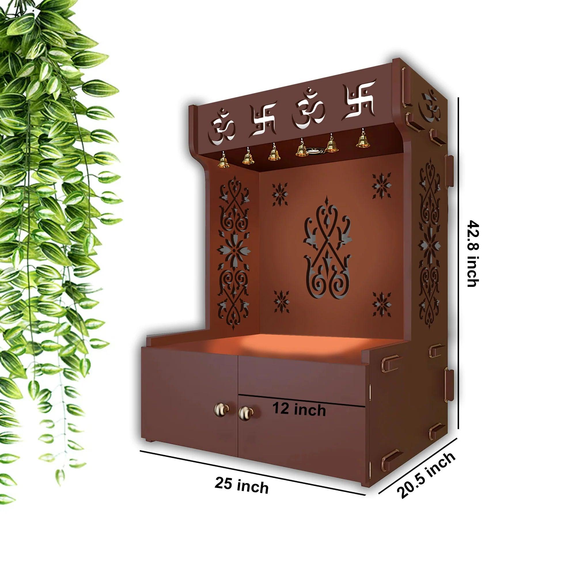 OM Swastika Symbol of Hindu Religious Floor Temple with Spacious Wooden Shelf & Inbuilt Focus Light- Brown Finish - Decor Mantra 