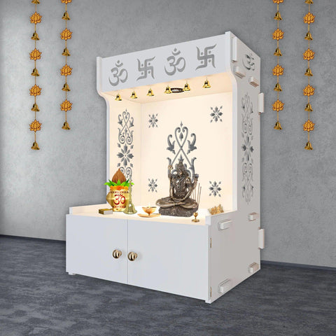 OM Swastika Symbol of Hindu Religious Floor Temple with Spacious Wooden Shelf & Inbuilt Focus Light- White Finish - Decor Mantra 