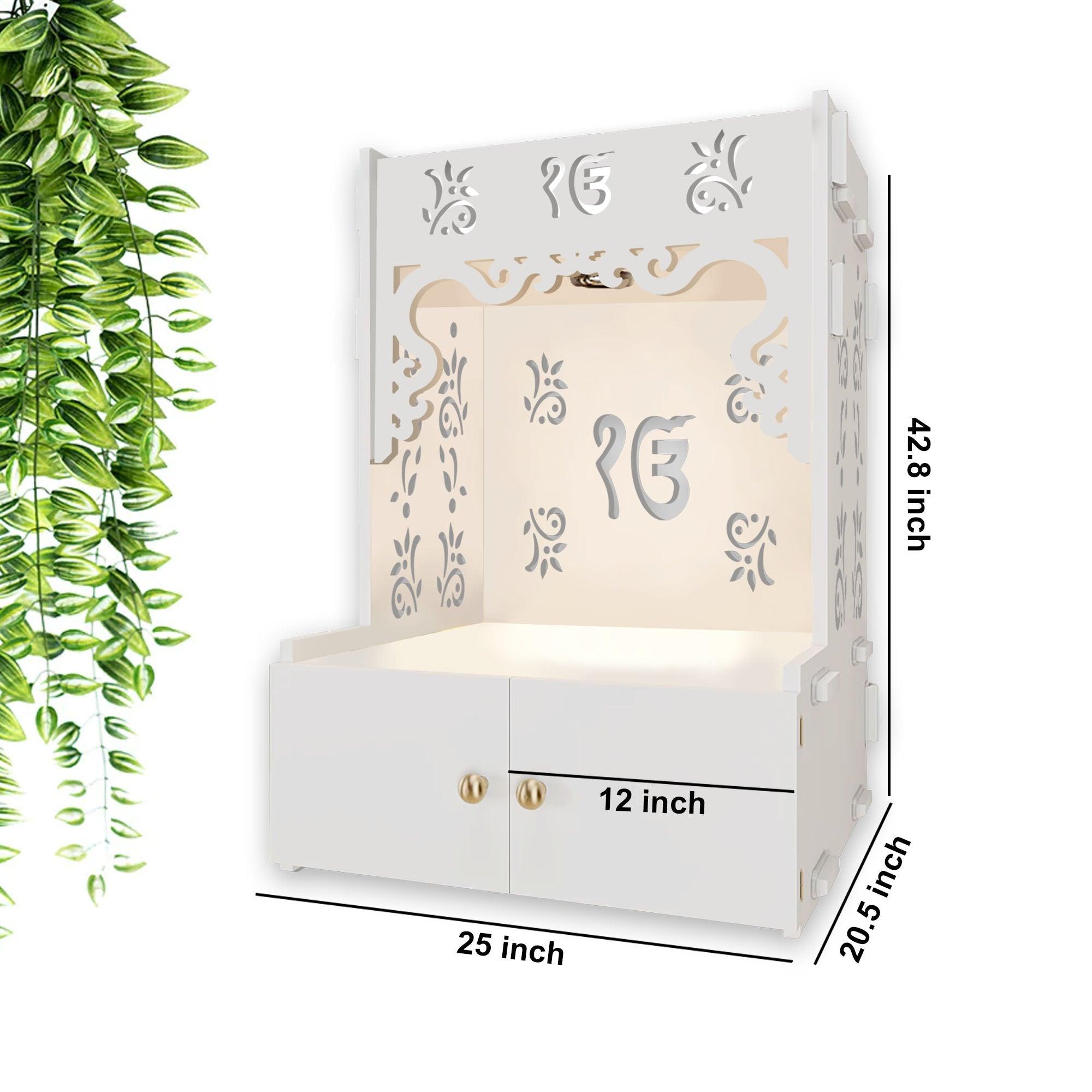 Ek-onkar Holy Symbol Floor Temple with Spacious Wooden Shelf & Inbuilt Focus Light- White Finish - Decor Mantra 