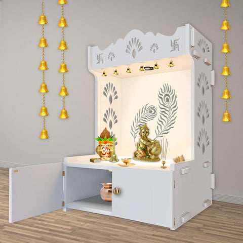 Premium Art of Mor Pankh Floor Temple with Spacious Wooden Shelf & Inbuilt Focus Light- White Finish - Decor Mantra 