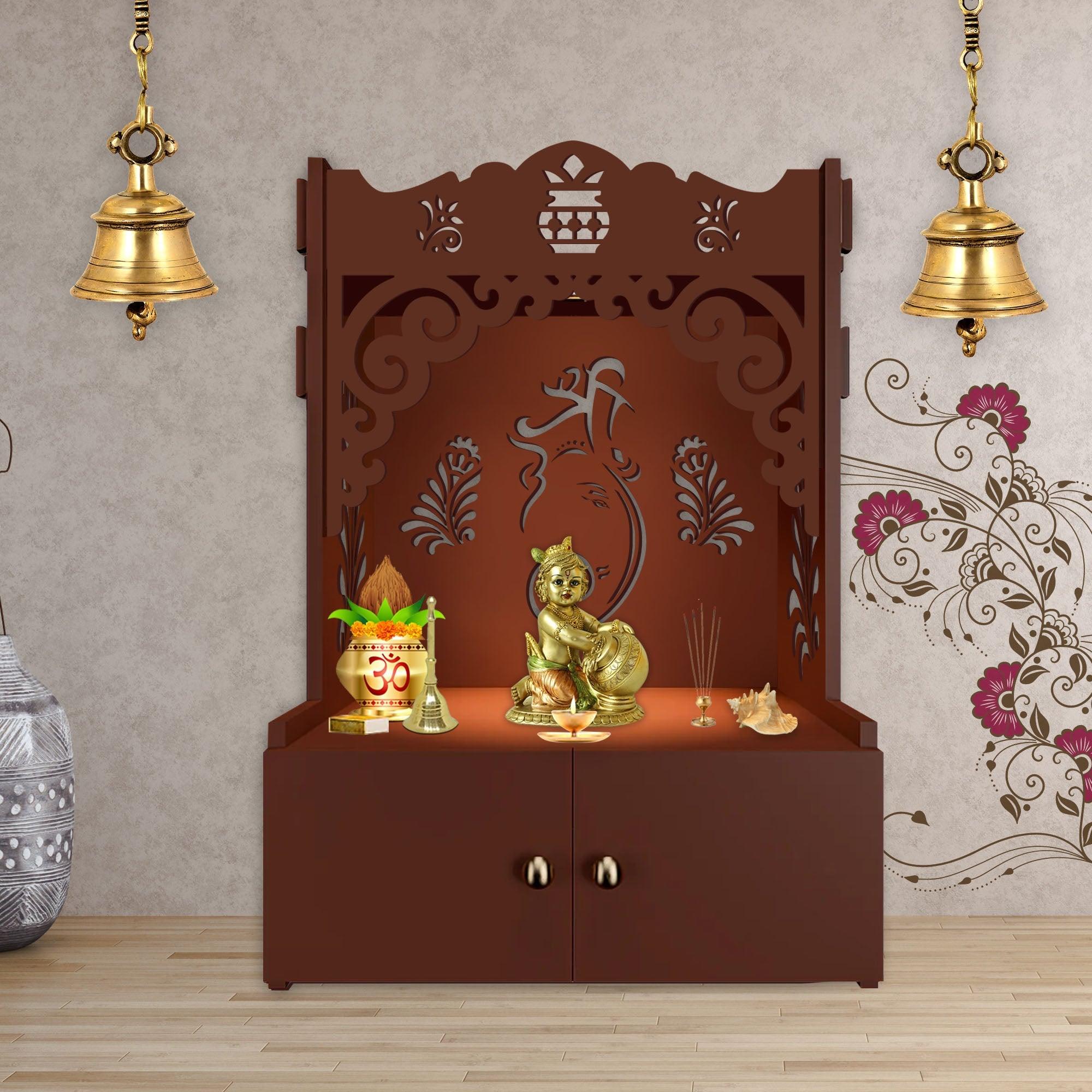 Beautiful Design of Shri Ganesh Floor Temple with Spacious Wooden Shelf & Inbuilt Focus Light- Brown Finish - Decor Mantra 