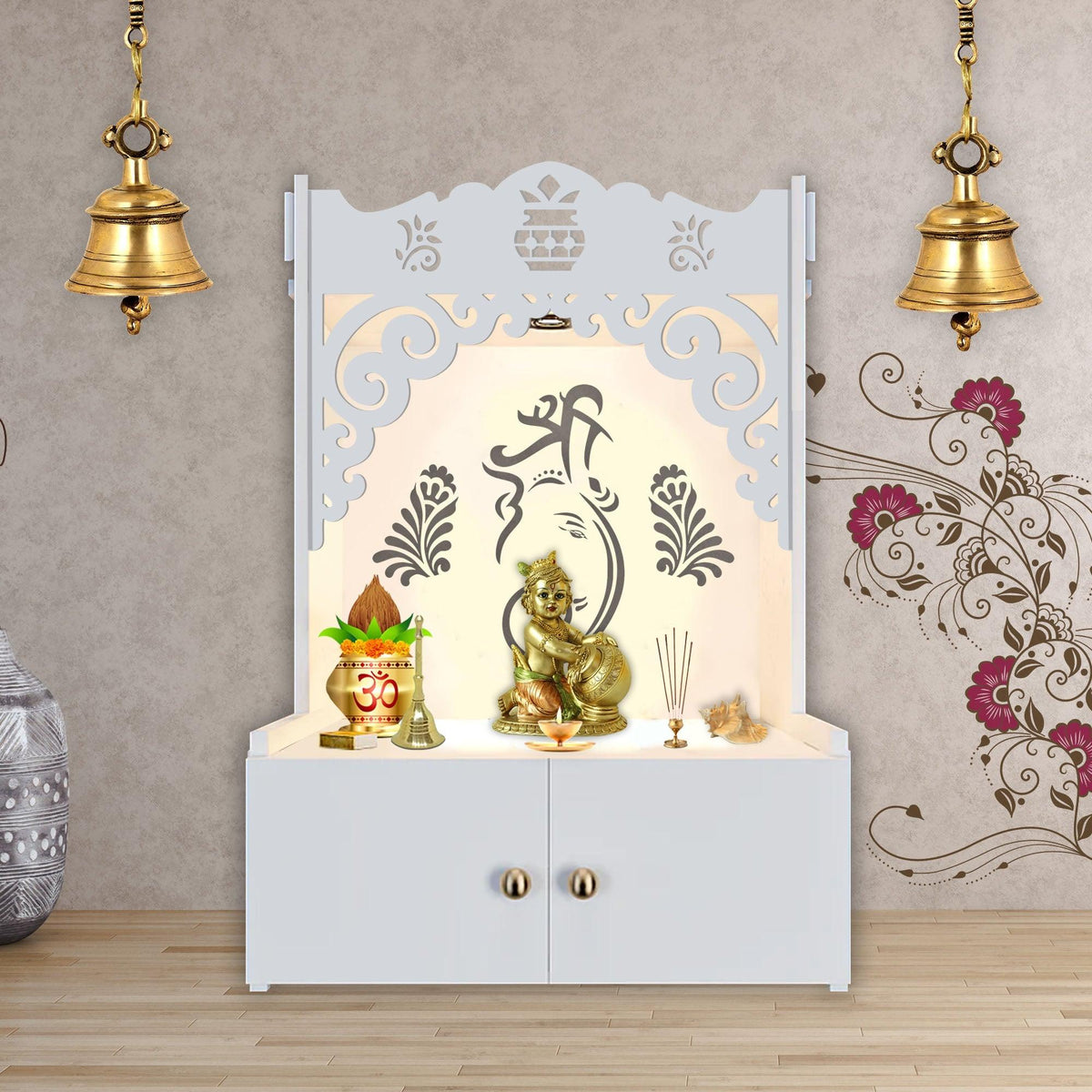 Beautiful Design of Shri Ganesh Floor Temple with Spacious Wooden Shelf & Inbuilt Focus Light- White Finish - Decor Mantra 