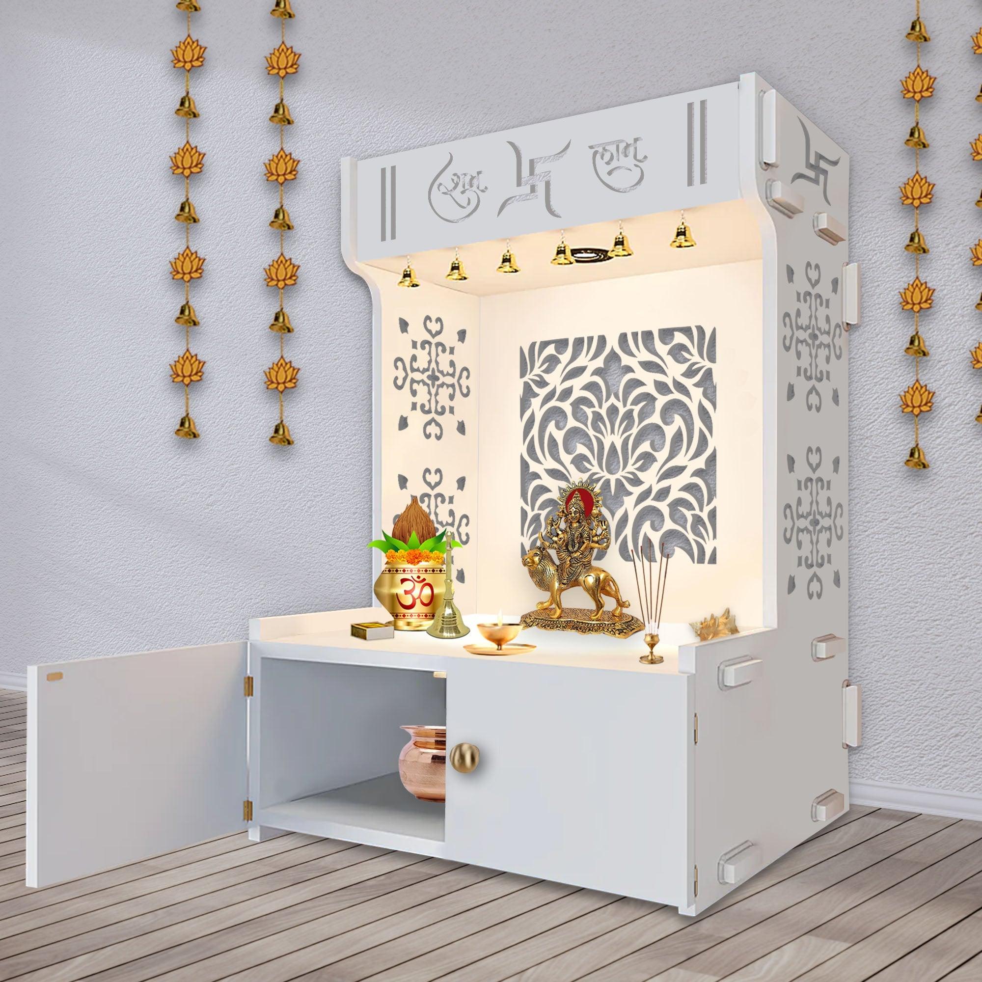 Designer Intricate Jali Design Pattern Floor Temple with Spacious Wooden Shelf & Inbuilt Focus Light- White Finish - Decor Mantra 