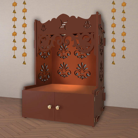 Floral Designer Pattern Floor Temple with Spacious Wooden Shelf & Inbuilt Focus Light- Brown Finish - Decor Mantra 