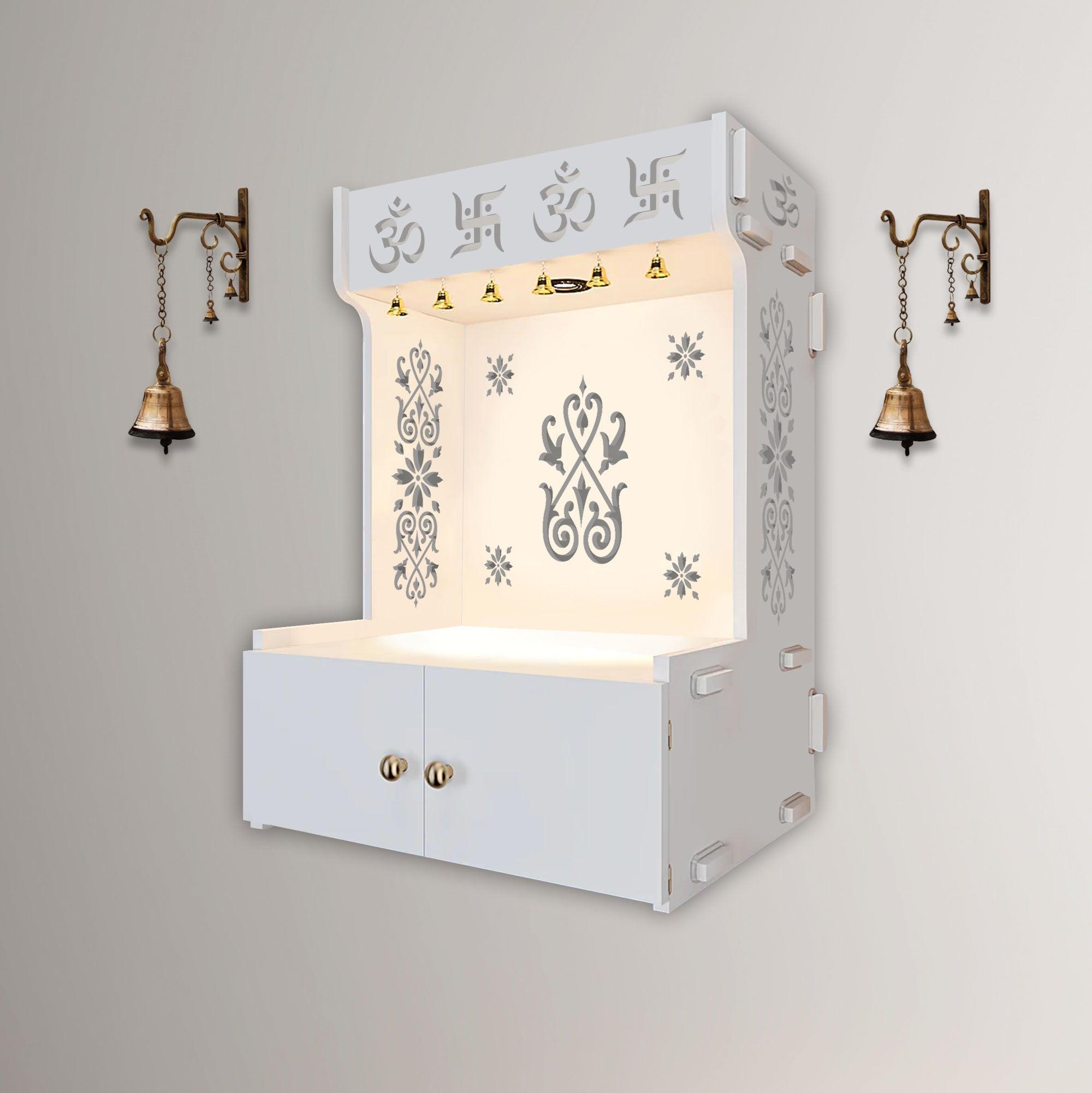 OM Swastika Symbol of Hindu Religious White Wooden Wall Temple for Home With Inbuilt focus Lights & Spacious Shelf - Decor Mantra 
