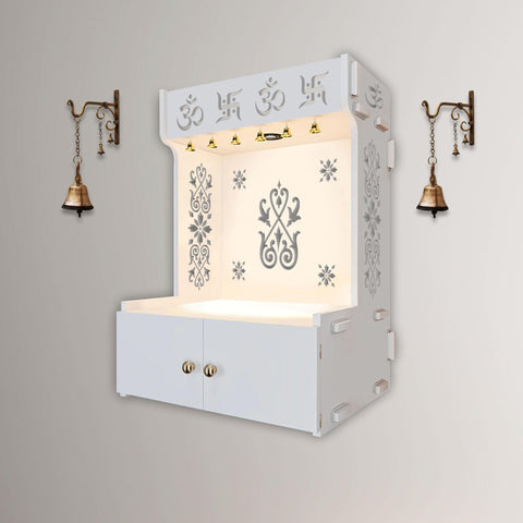 OM Swastika Symbol of Hindu Religious White Wooden Wall Temple for Home With Inbuilt focus Lights & Spacious Shelf - Decor Mantra 