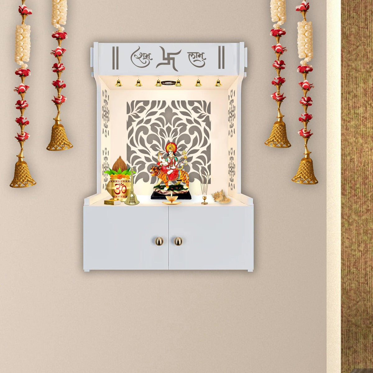 Holy Swastika Symbol of Hindu Religious White Wooden Wall Temple for Home With Inbuilt focus Lights & Spacious Shelf - Decor Mantra 