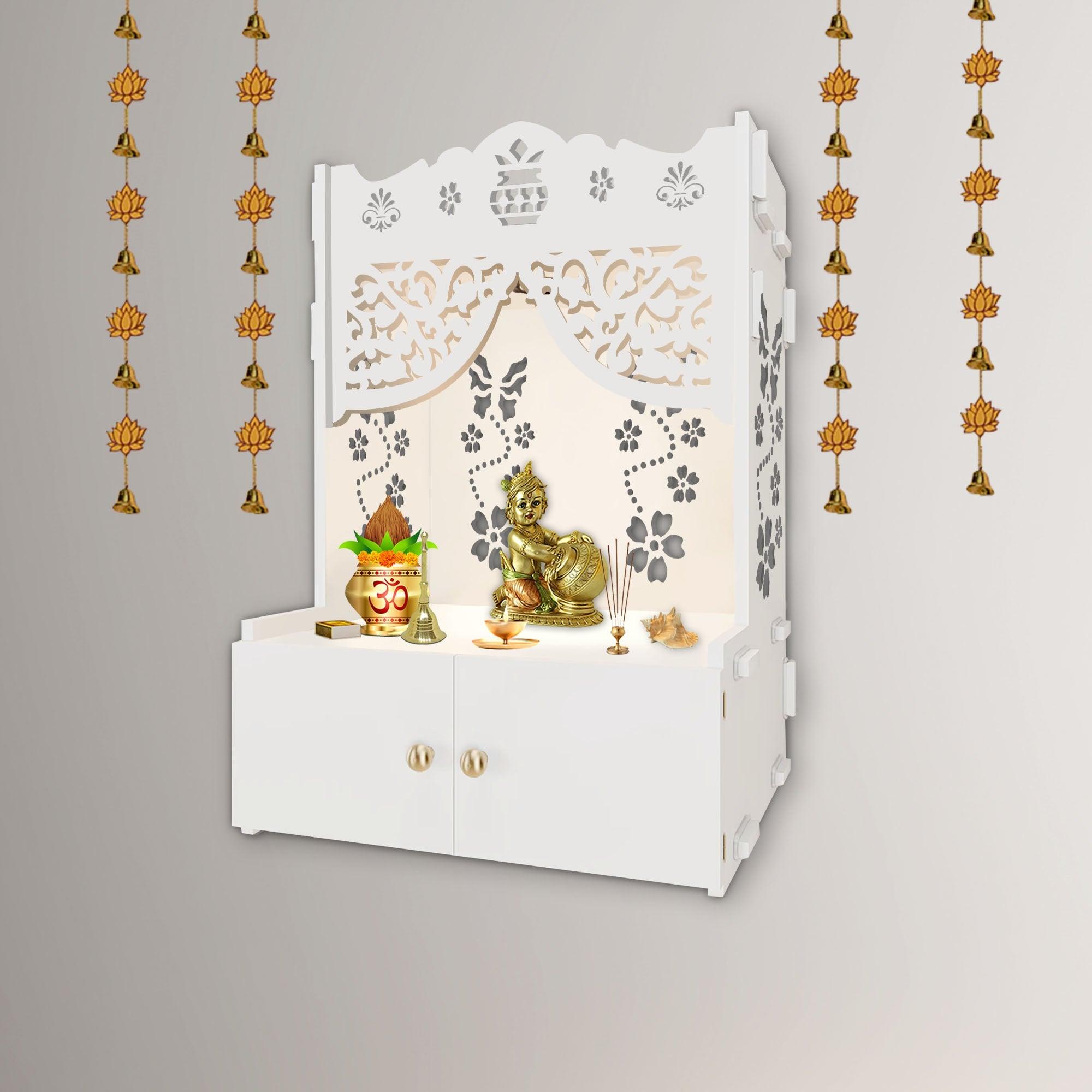 Swastika Kalash Symbol of Hindu Religious White Wooden Wall Temple for Home With Inbuilt focus Lights & Spacious Shelf - Decor Mantra 