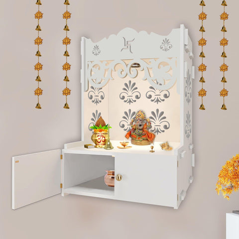 Shubh Labh Symbol of Hindu Religious White Wooden Wall Temple for Home With Inbuilt focus Lights & Spacious Shelf - Decor Mantra 