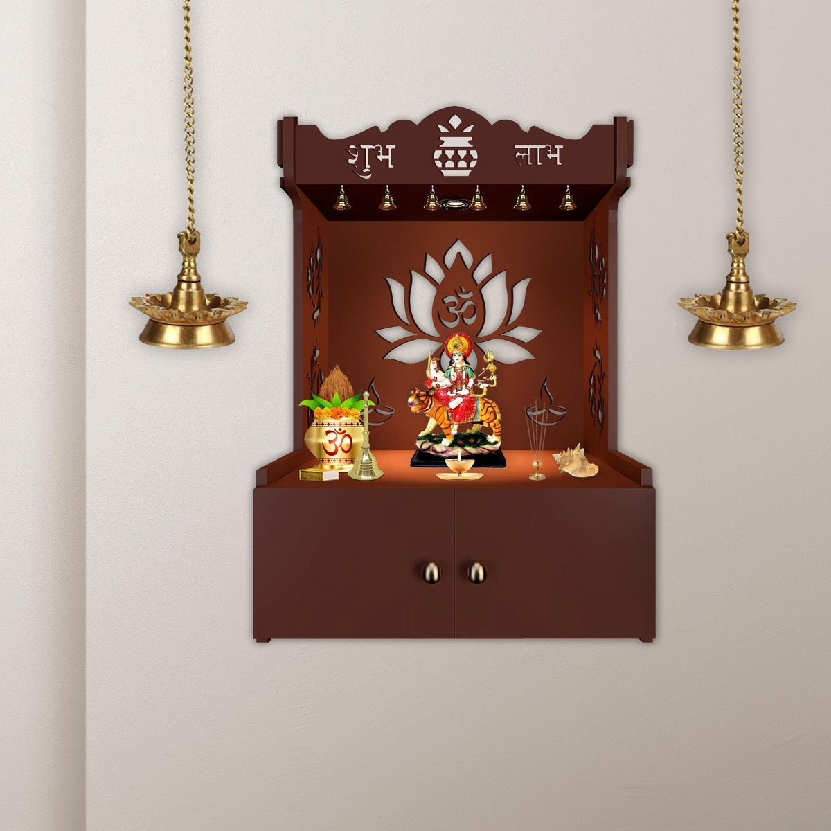 Beautiful Lotus Pattern Brown Wooden Wall Temple for Home With Inbuilt focus Lights & Spacious Shelf - Decor Mantra 