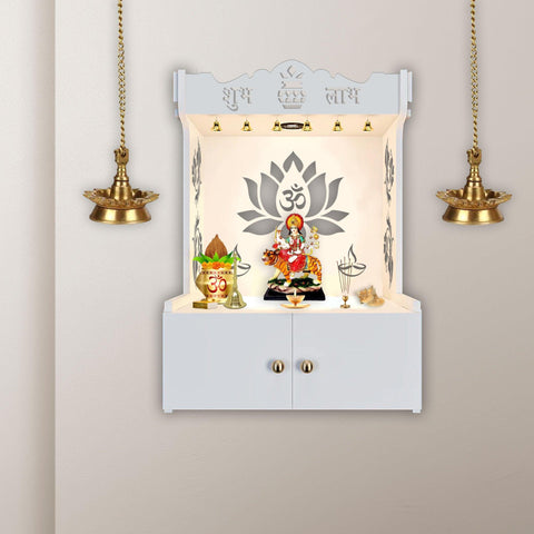 Beautiful Lotus Pattern White Wooden Wall Temple for Home With Inbuilt focus Lights & Spacious Shelf - Decor Mantra 
