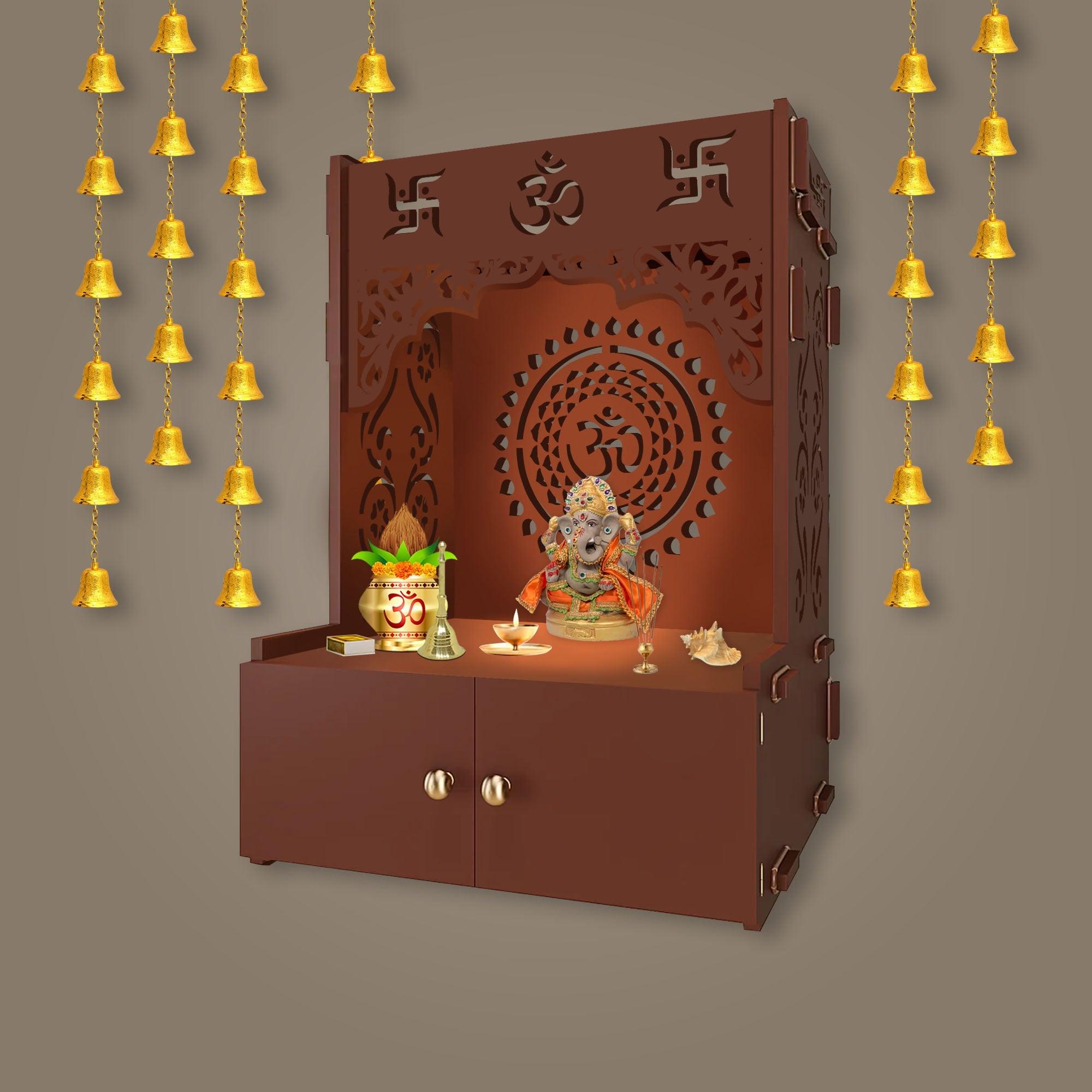 Designer Om Chakra Brown Wood Temple with Inbuilt Focus Light & Spacious Shelf - Decor Mantra 