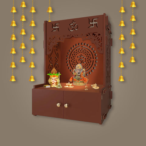 Designer Om Chakra Brown Wood Temple with Inbuilt Focus Light & Spacious Shelf - Decor Mantra 
