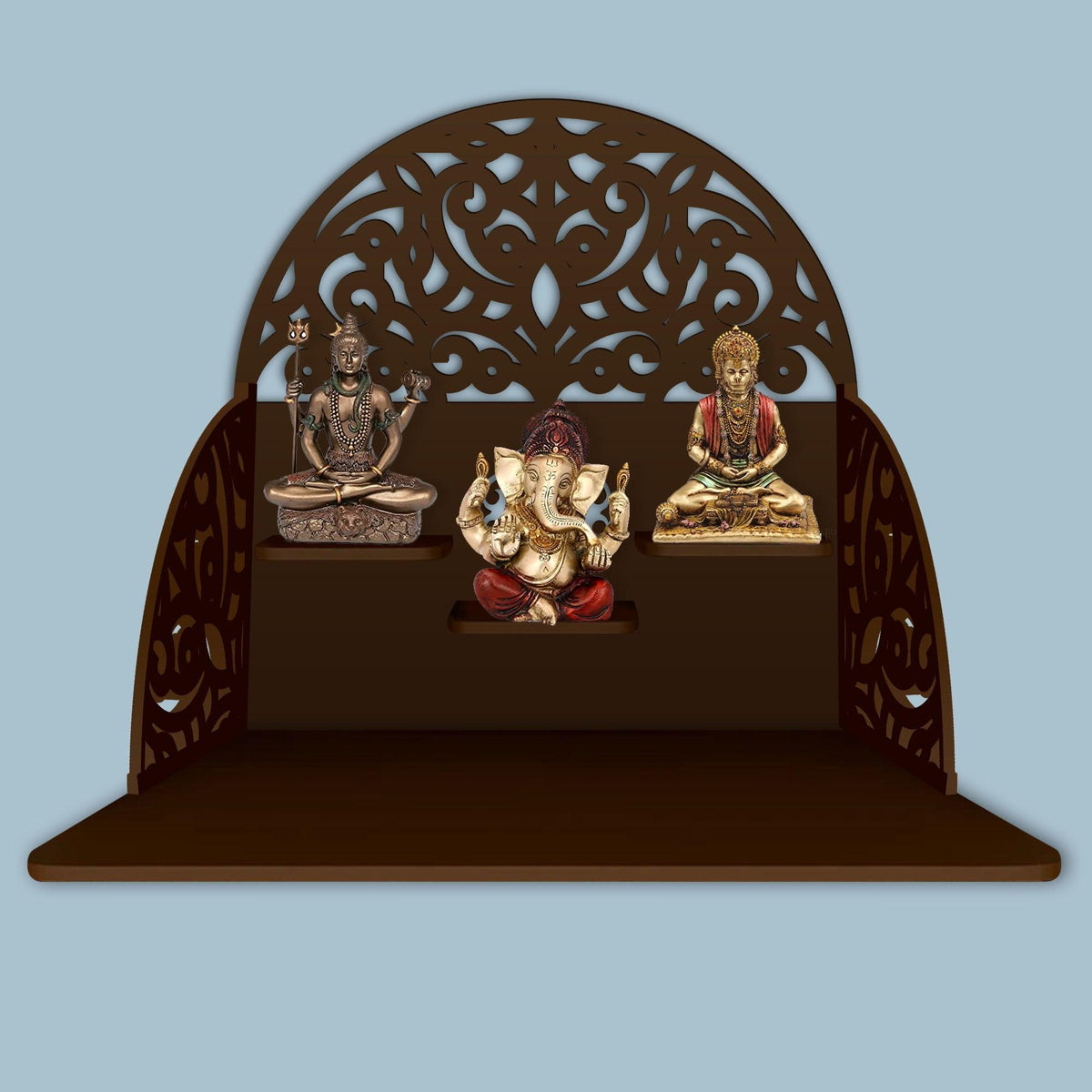 Designer Semi Circle Shaped Wall Hanging Wooden Temple/ Pooja Mandir Design with Shelf, Brown Color - Decor Mantra 
