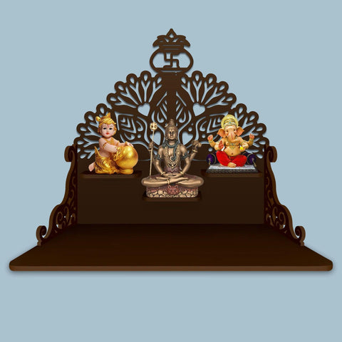 Swastika Kalash Symbol of Hindu Religious Wall Hanging Wooden Temple/ Pooja Mandir Design with Shelf, Brown Color - Decor Mantra 