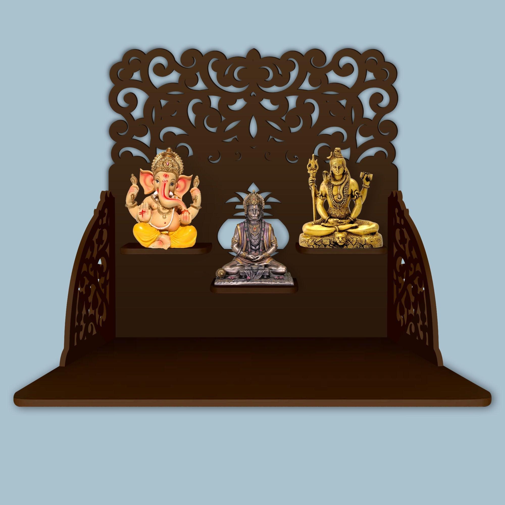 Aesthetic Designer Art Wall Hanging Wooden Temple/ Pooja Mandir Design with Shelf, Brown Color - Decor Mantra 