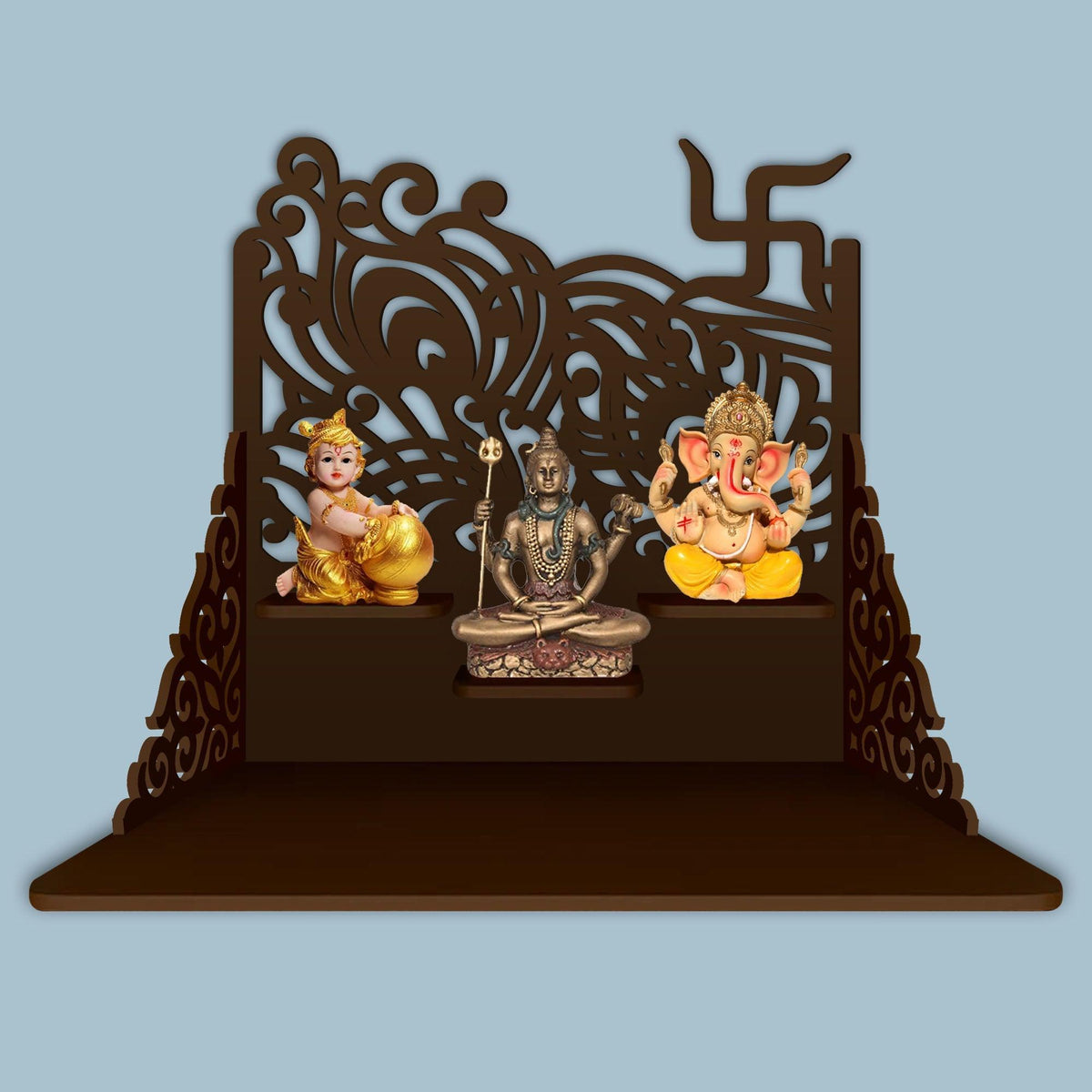 Swastika Symbol of Hindu Religious Wall Hanging Wooden Temple/ Pooja Mandir Design with Shelf, Brown Color - Decor Mantra 