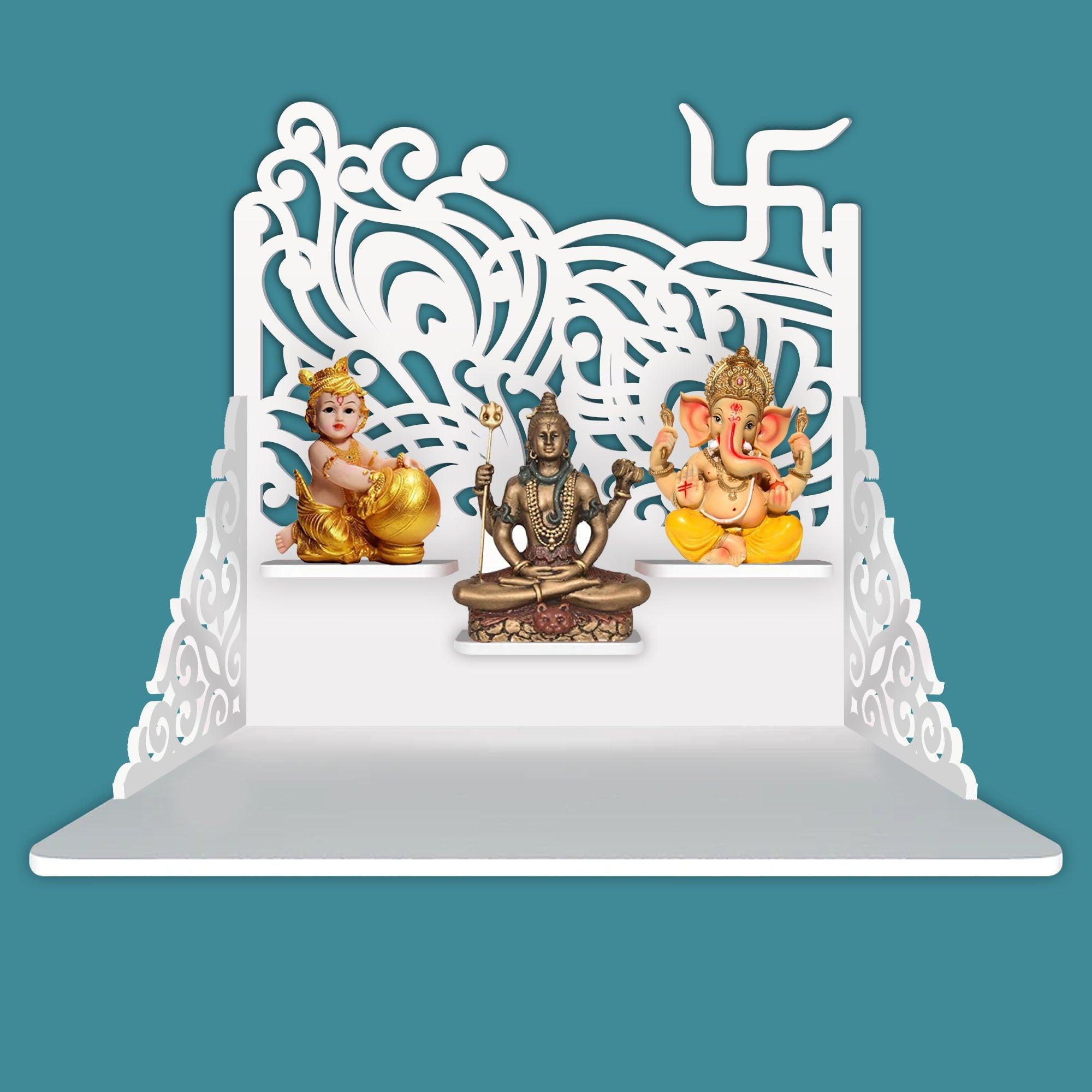 Swastika Symbol of Hindu Religious Wall Hanging Wooden Temple/ Pooja Mandir Design with Shelf, White Color - Decor Mantra 