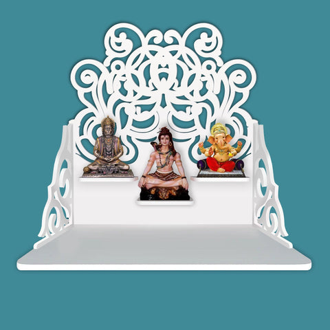 Beautiful Floral Pattern Wall Hanging Wooden Temple/ Pooja Mandir Design with Shelf, White Color - Decor Mantra 