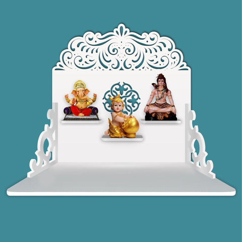 Designer Aesthetic Pattern Wall Hanging Wooden Temple/ Pooja Mandir Design with Shelf, White Color - Decor Mantra 