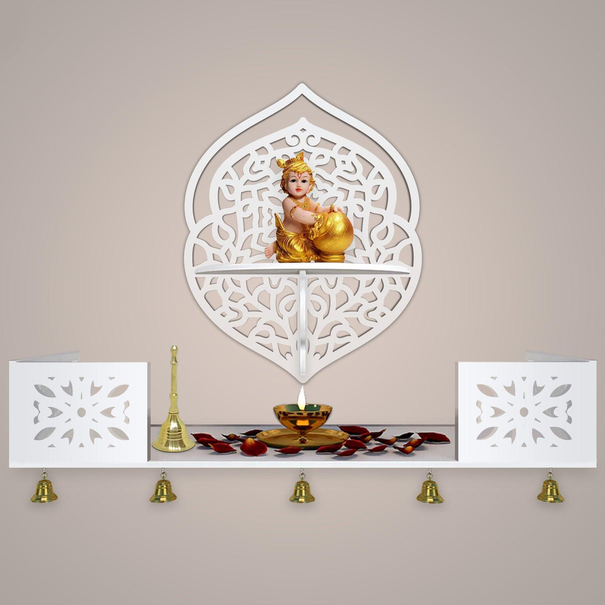 Intricate Jali Designer Shaped Wall Hanging Wooden Temple/ Pooja Mandir Design with Shelf, White Color - Decor Mantra 