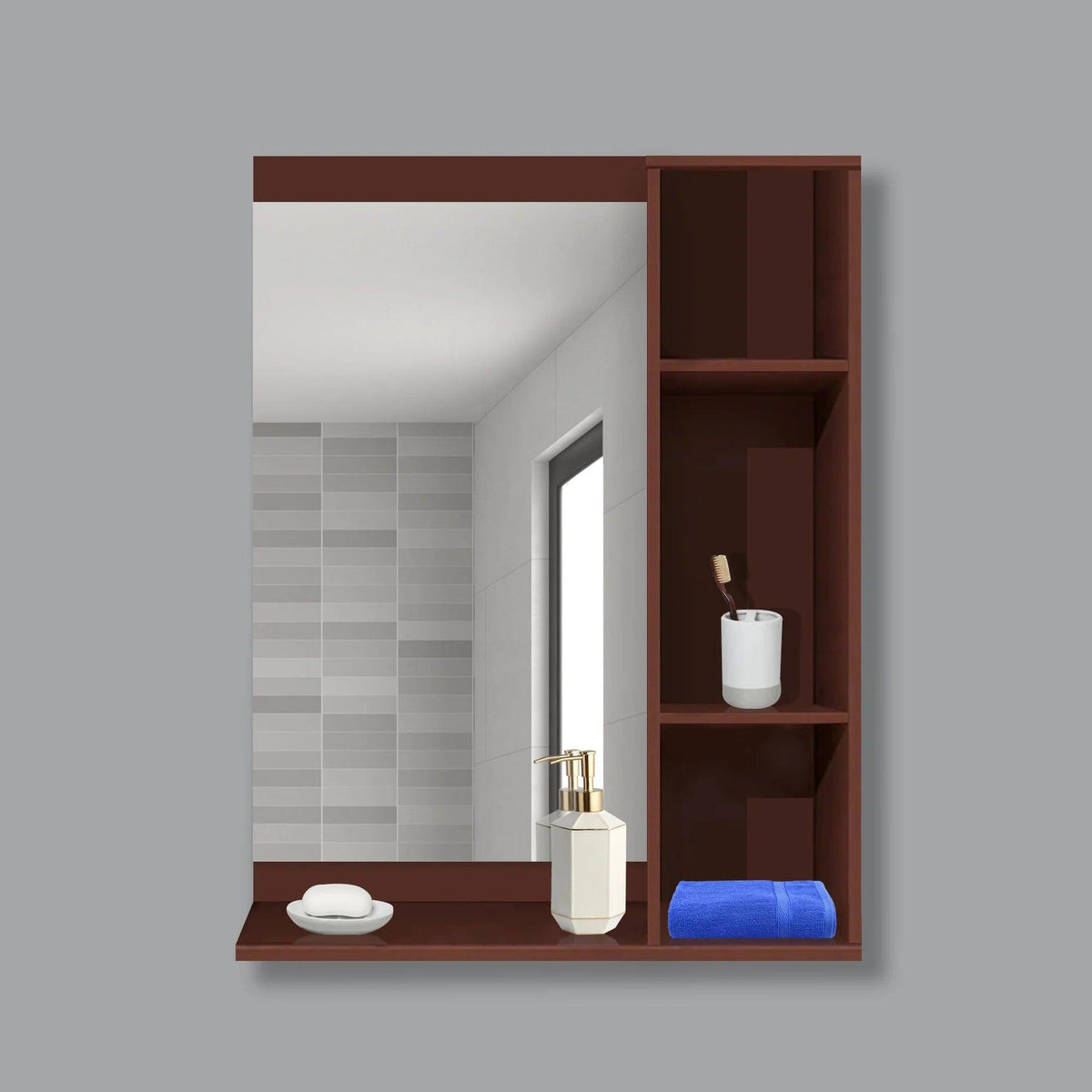 Aesthetic Wooden Bathroom Cabinet Mirror with 4 Spacious Shelves with Solid Brown Finish - Decor Mantra 