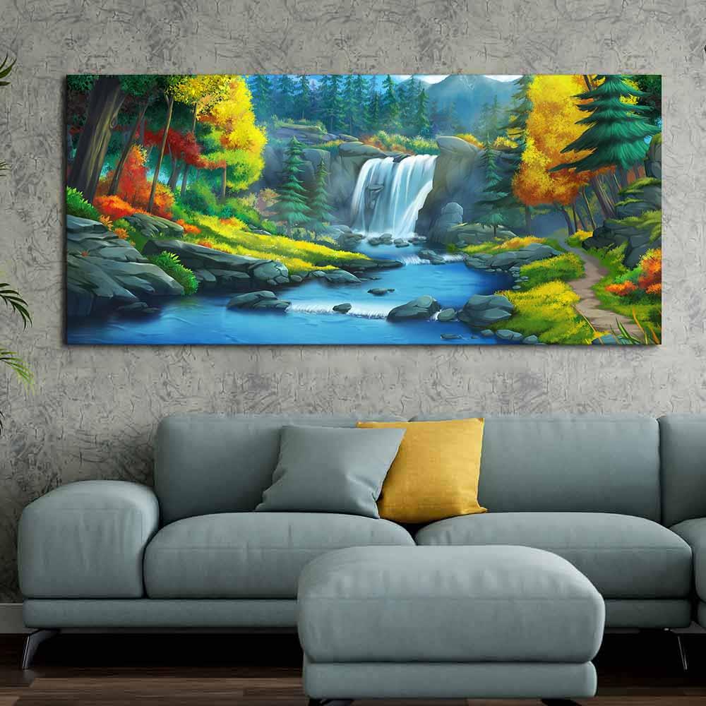 A Beautiful Waterfall In Forest Premium Wall Painting - Decor Mantra 