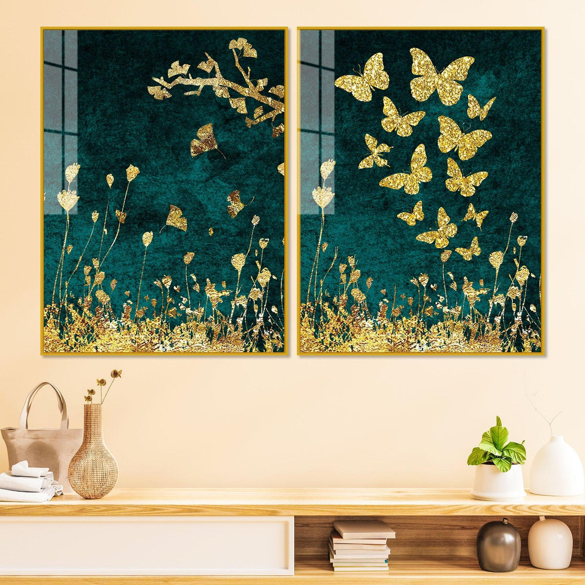 Golden Fishes Acrylic Floating Wall Painting Set of 2 - Decor Mantra 
