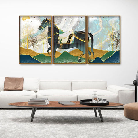 Modern Style Horse and Golden Colored Mountains Floating Canvas Wall Painting Set of Three - Decor Mantra 