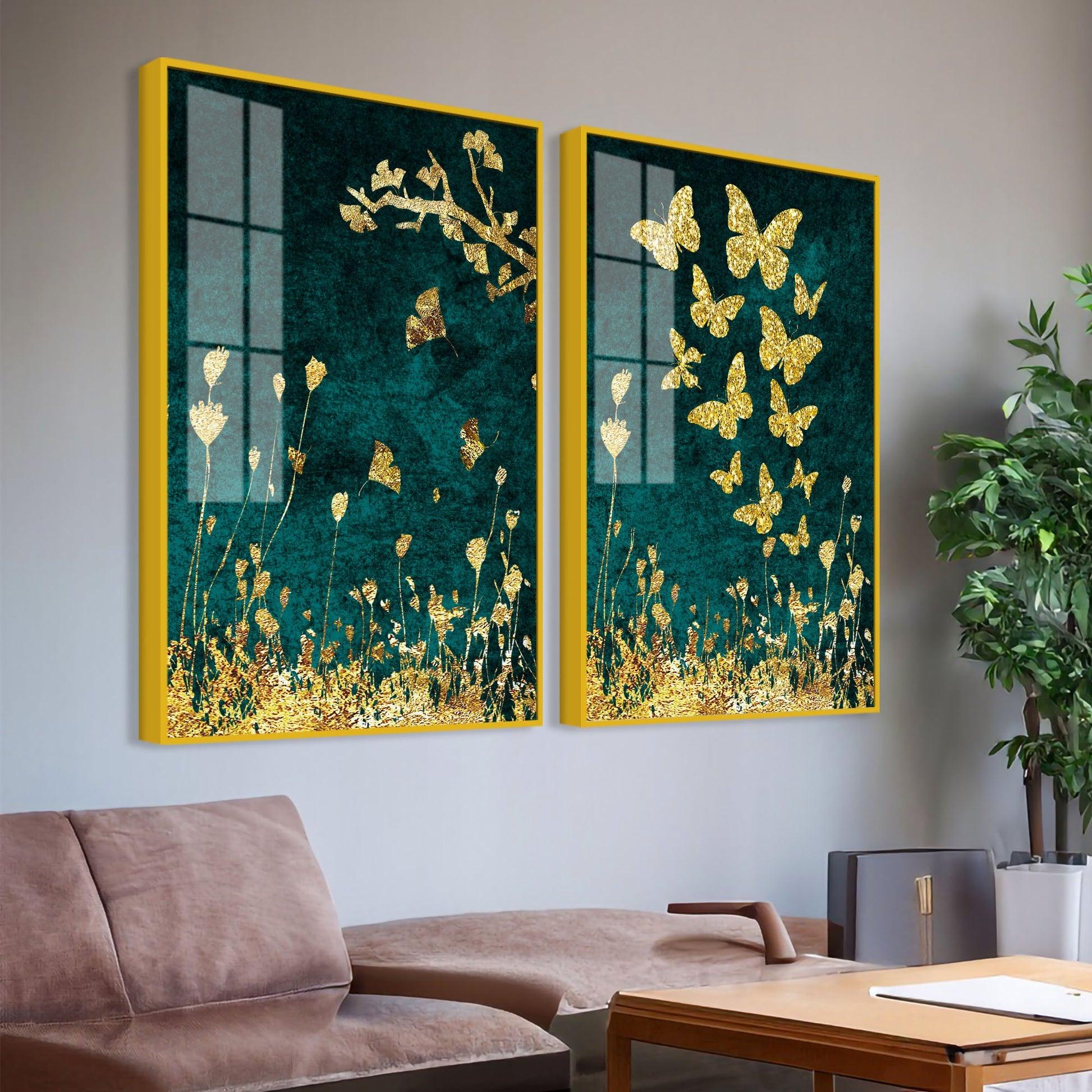 Golden Fishes Acrylic Floating Wall Painting Set of 2 - Decor Mantra 
