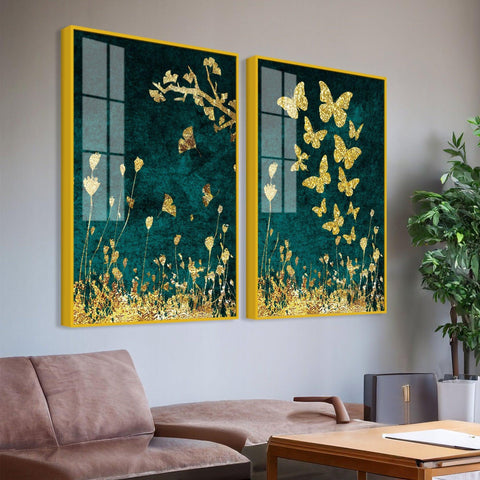 Golden Fishes Acrylic Floating Wall Painting Set of 2 - Decor Mantra 