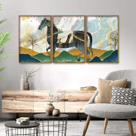 Modern Style Horse and Golden Colored Mountains Floating Canvas Wall Painting Set of Three - Decor Mantra 