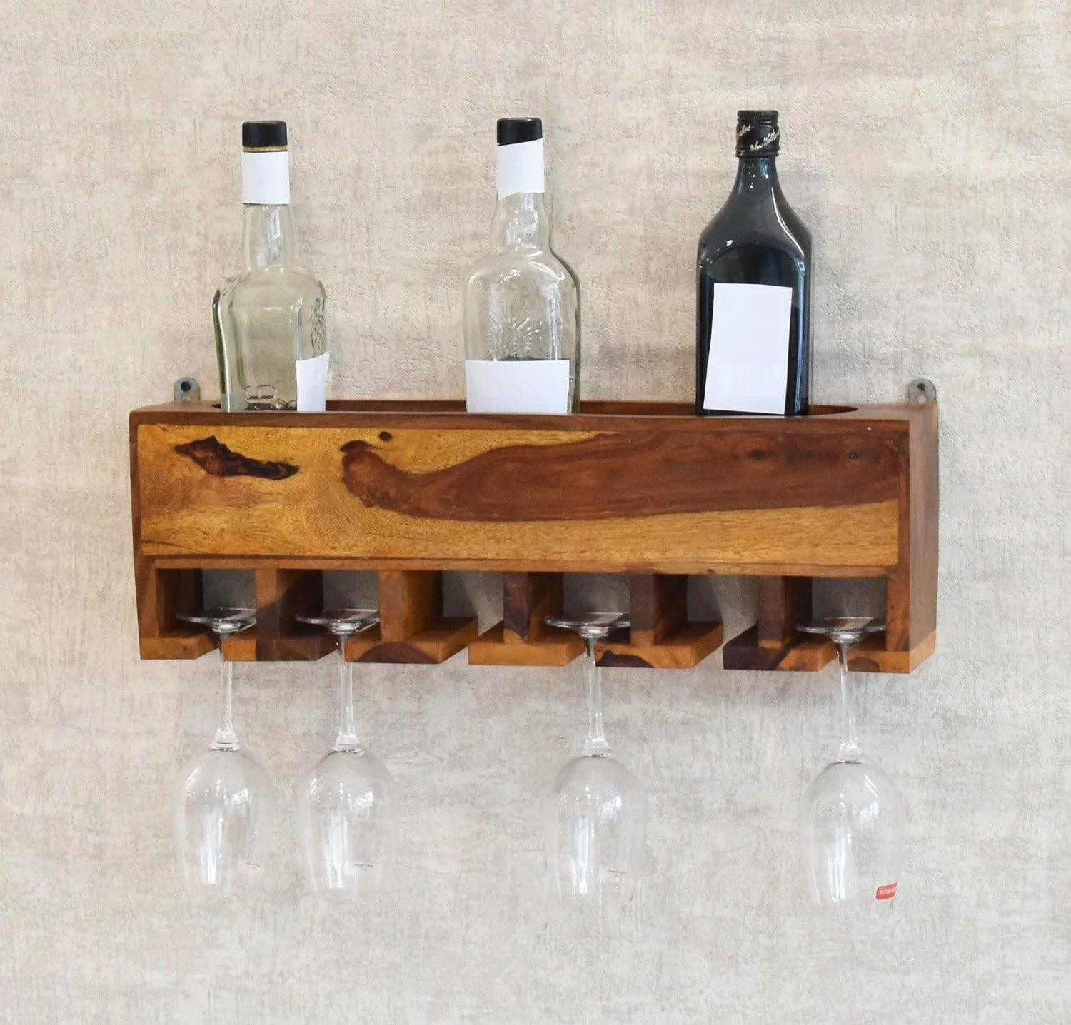 Yellow Natural Decorative Teak Wood Wall Mounted Mini Bar Shelf - Decor Mantra 