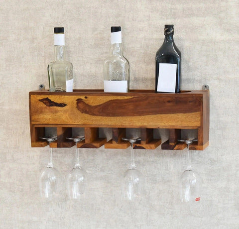 Yellow Natural Decorative Teak Wood Wall Mounted Mini Bar Shelf - Decor Mantra 