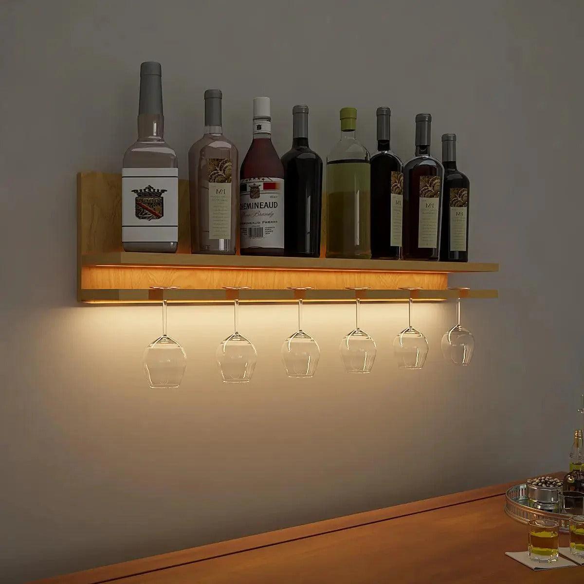 Aesthetic Backlit Look MDF Wooden Mini Bar Shelf in Light Oak Finish - Decor Mantra 
