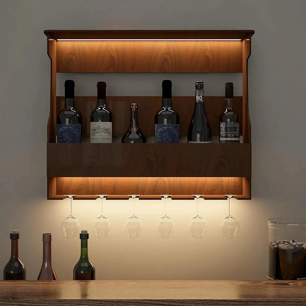 Backlit Design MDF Bar Wall Shelf / Mini Bar Shelf in Walnut Finish - Decor Mantra 