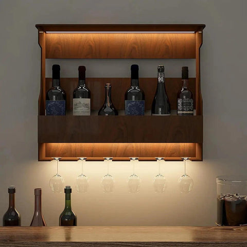 Backlit Design MDF Bar Wall Shelf / Mini Bar Shelf in Walnut Finish - Decor Mantra 